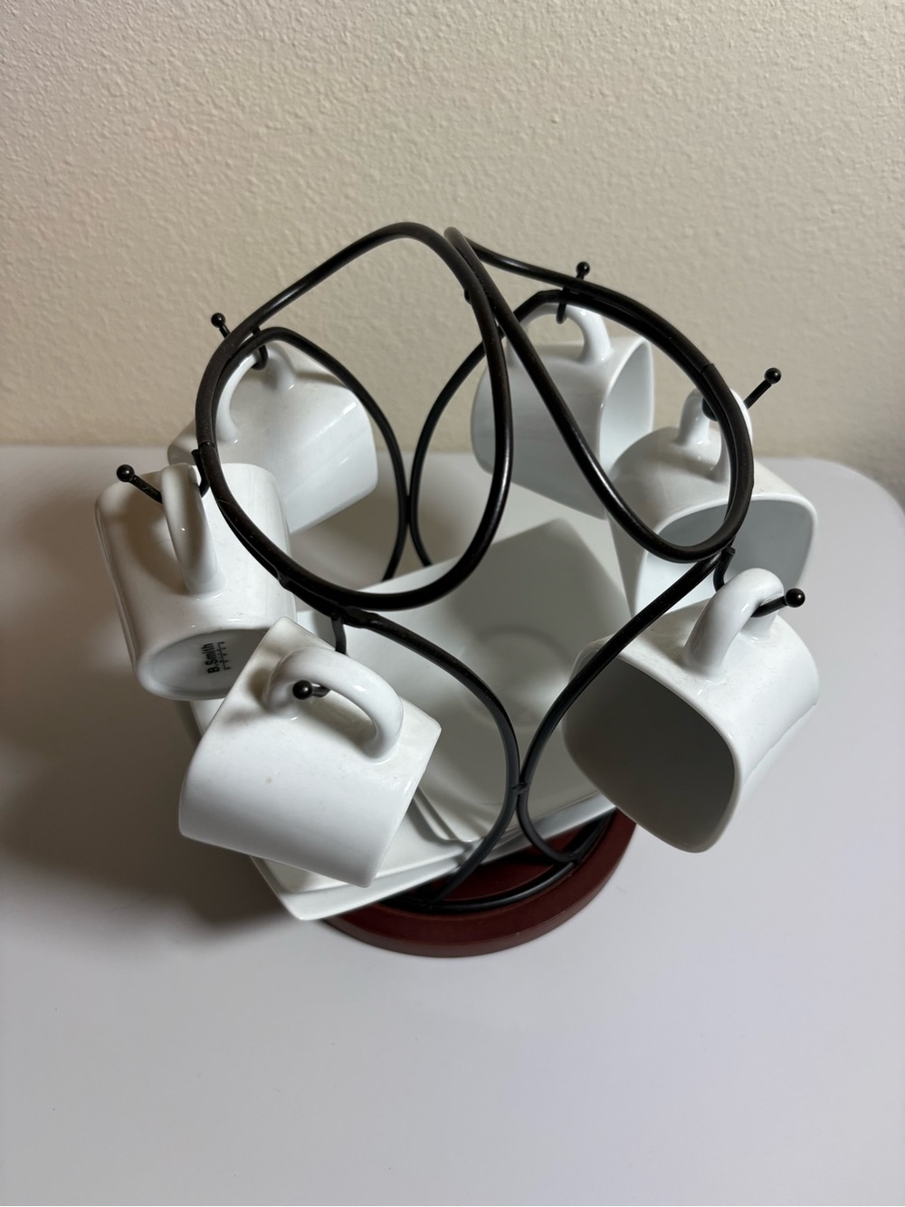 White Ceramic Espresso Mug Set with Black Metal Rack